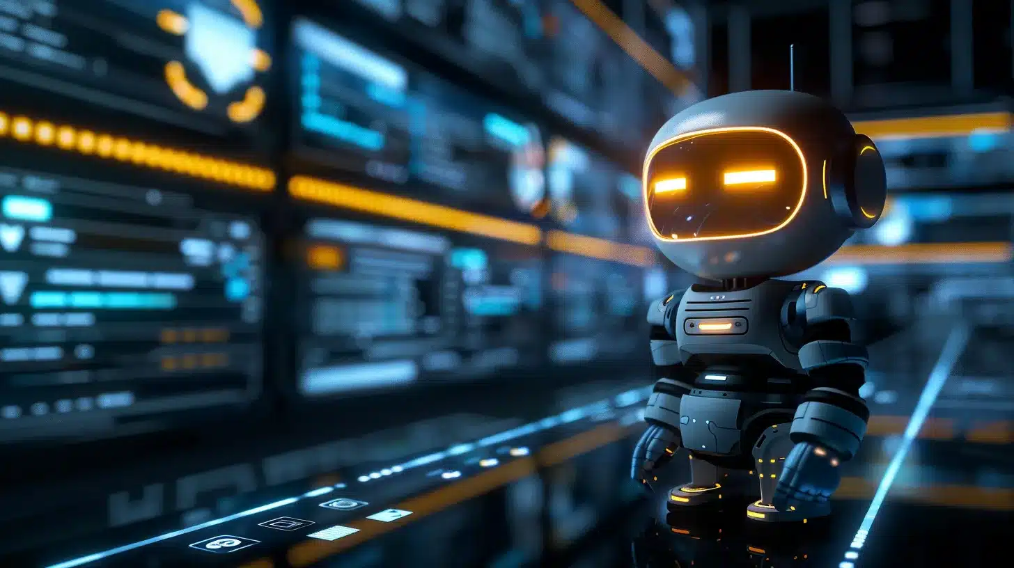 a sleek, modern chatbot interface illuminates a darkened room, symbolizing the essential role of ai in transforming customer support, with vibrant screens showcasing engaging, real-time interactions.