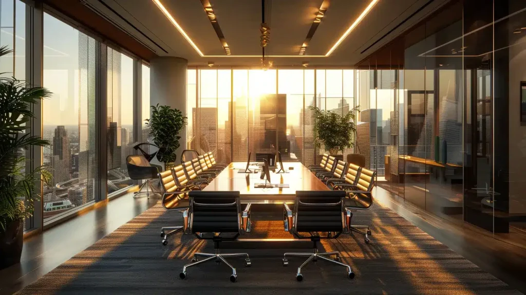 a sleek modern office bathed in warm artificial light, featuring a polished conference table surrounded by stylish ergonomic chairs, with large floor-to-ceiling windows showcasing a bustling city skyline in the background.