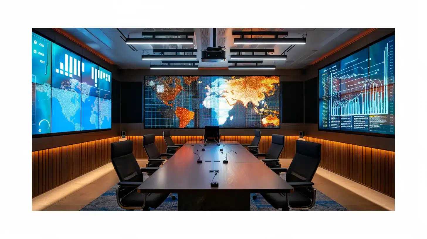 a sleek, modern office conference room filled with high-tech screens displays vibrant data visualizations, showcasing a dynamic brainstorming session illuminated by soft, focused lighting.