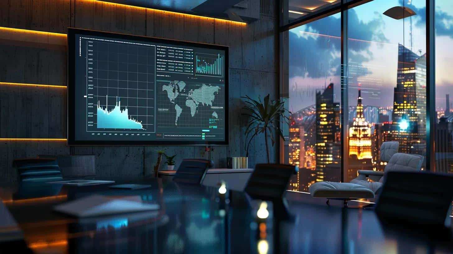 a sleek, modern office with a large digital screen displaying dynamic sales forecasting graphs, illuminated by soft, ambient lighting, emphasizing the power of ai in driving business decisions.