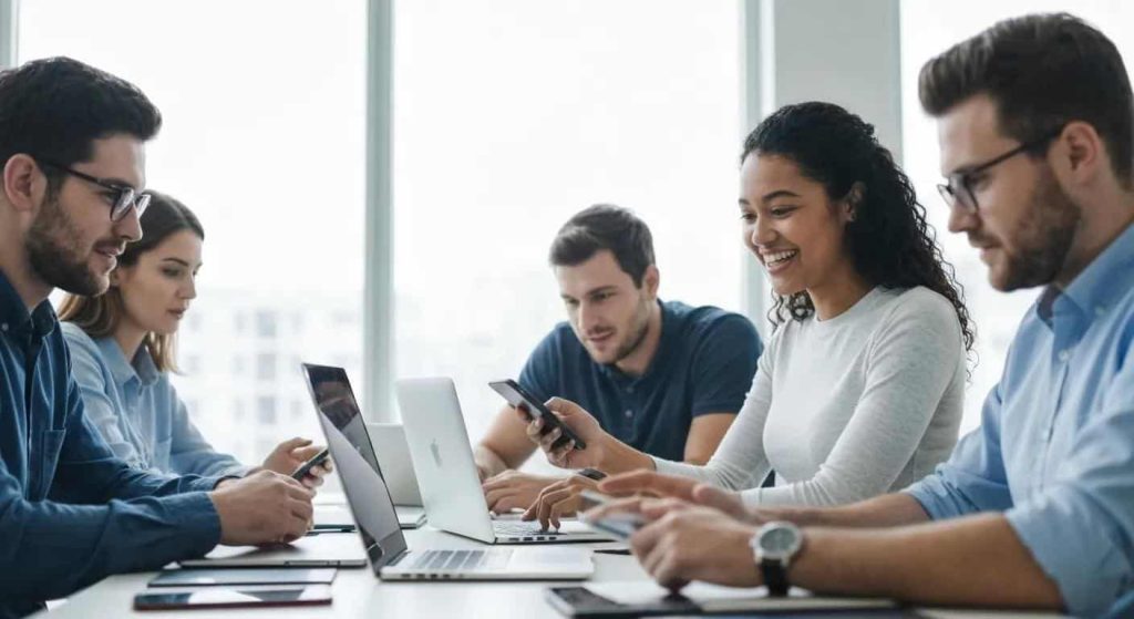 Marketers collaborating with digital devices in a modern office, emphasizing AI tools for social media marketing