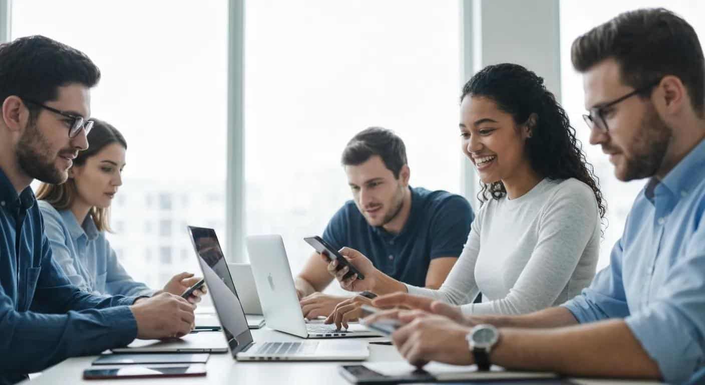 Marketers collaborating with digital devices in a modern office, emphasizing AI tools for social media marketing