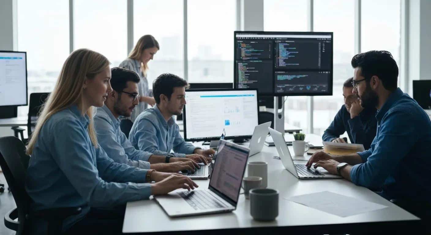 Team analyzing advanced features of paid AI chatbots in a collaborative workspace
