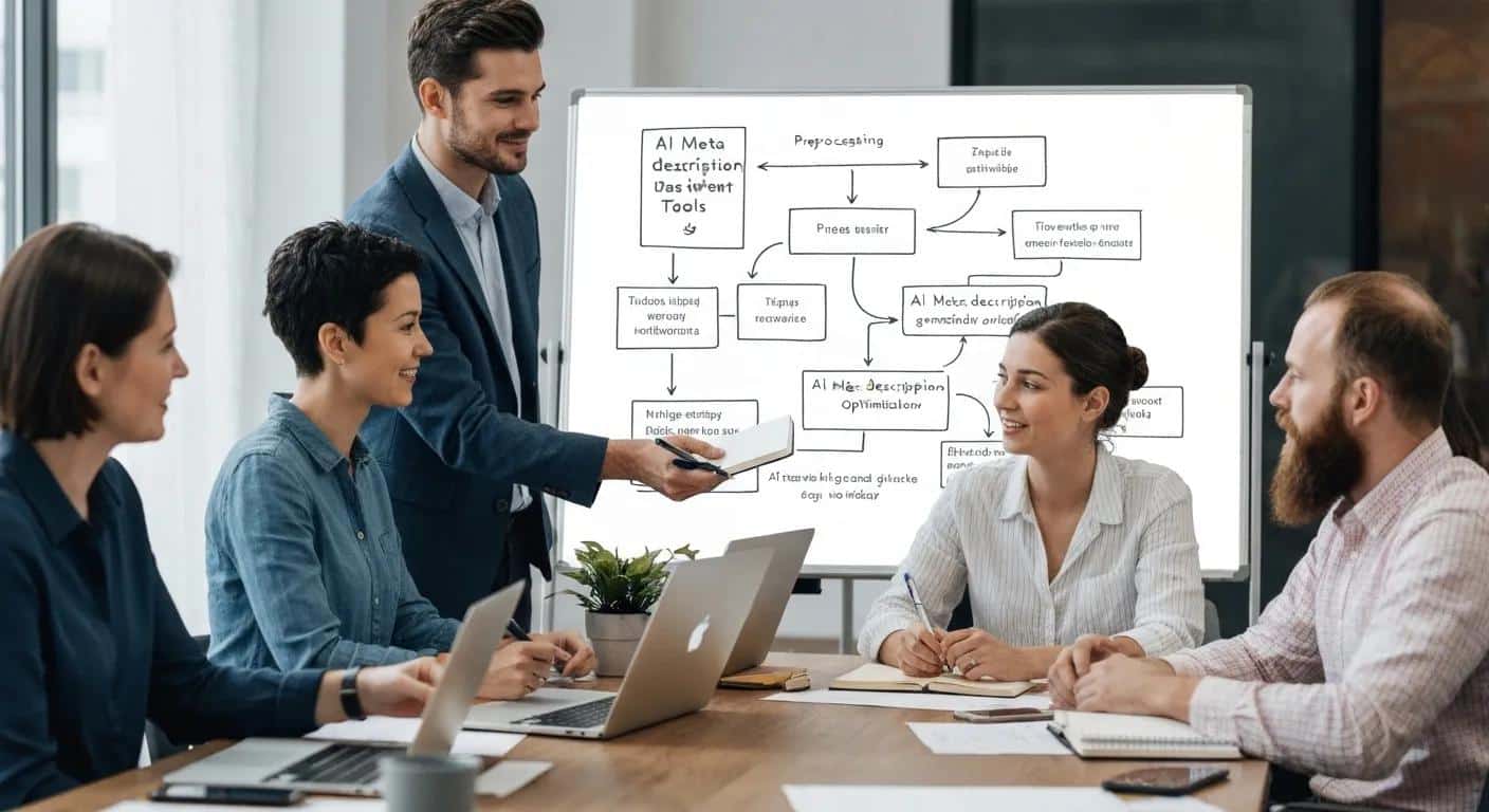 A team collaborating on integrating AI tools into their content workflow, with a flowchart visualized on a whiteboard