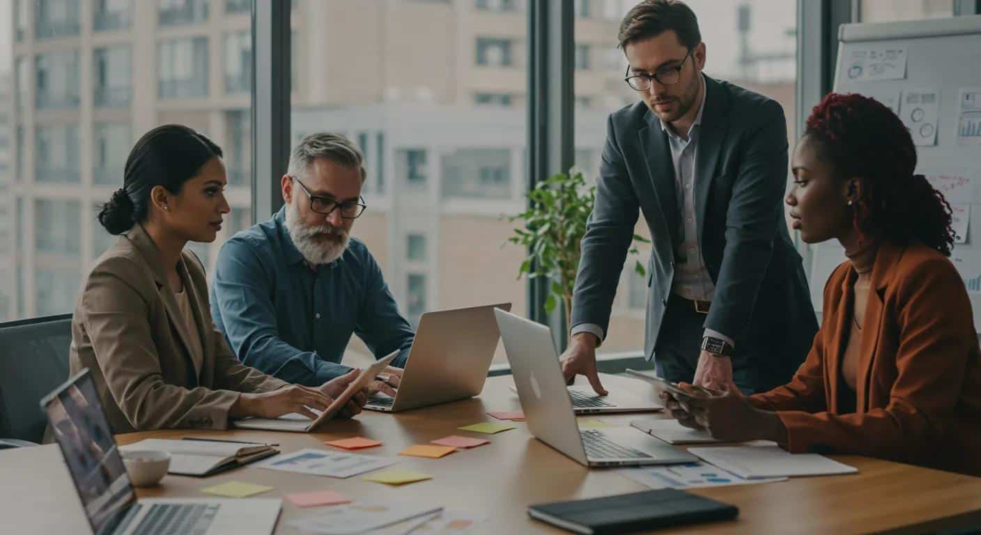 Diverse professionals collaborating on strategies using free AI tools for lead generation