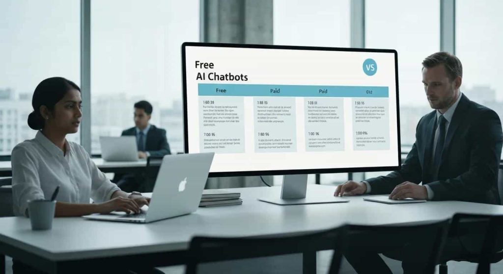 Comparison of free and paid AI chatbots in a modern office setting