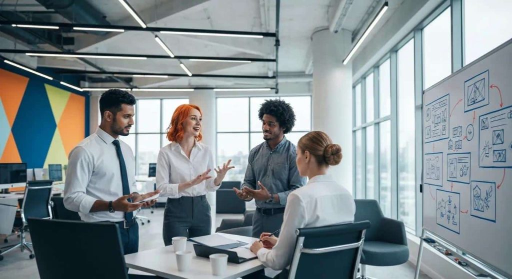 Diverse team brainstorming AI graphic design tools in a modern office