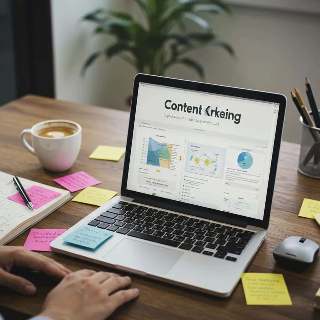 Digital marketing workspace with a laptop and notes emphasizing content creation tools