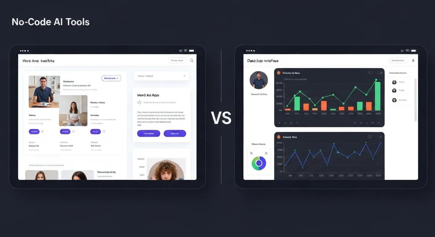 Side-by-side comparison: a sleek website design and a functional data app interface, showcasing no-code AI tools