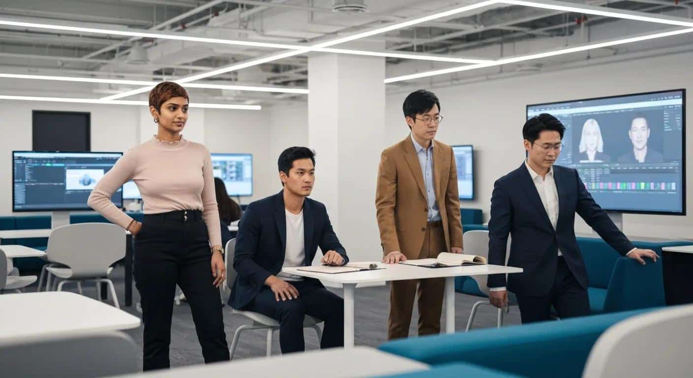 Diverse creators and brands engaging with voice synthesis technology in a modern workspace