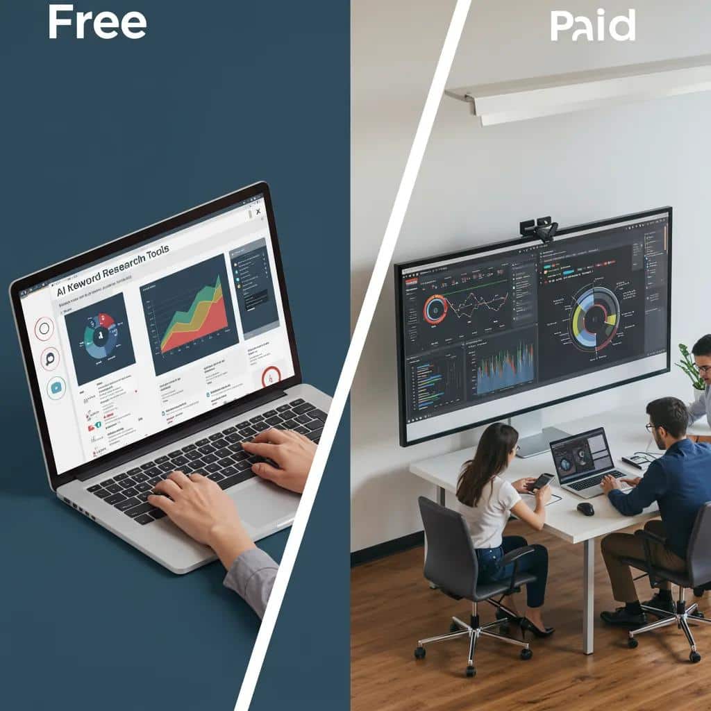 Comparison of free and paid AI keyword research tools with a user-friendly interface and collaborative team environment