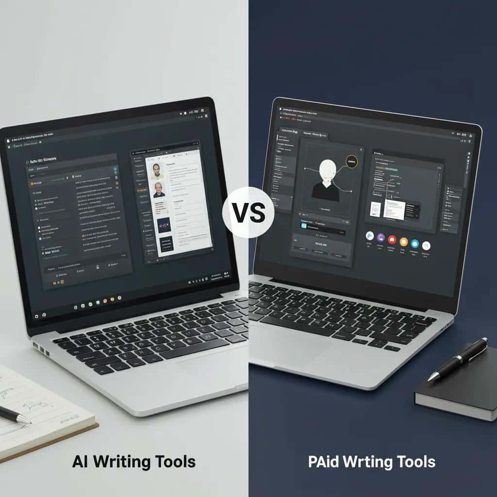 Comparison of free and paid AI writing tools showcasing user-friendly and advanced interfaces