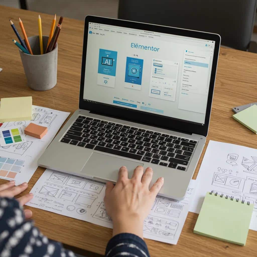 A creative workspace with the Elementor AI interface displayed on a laptop, highlighting design tools and a productive setup