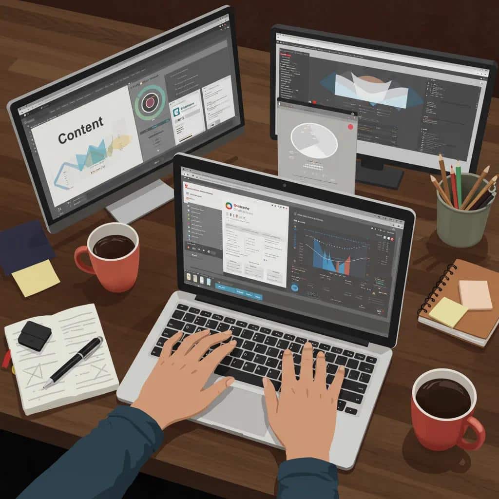 Creative workspace with AI content creation tools in use