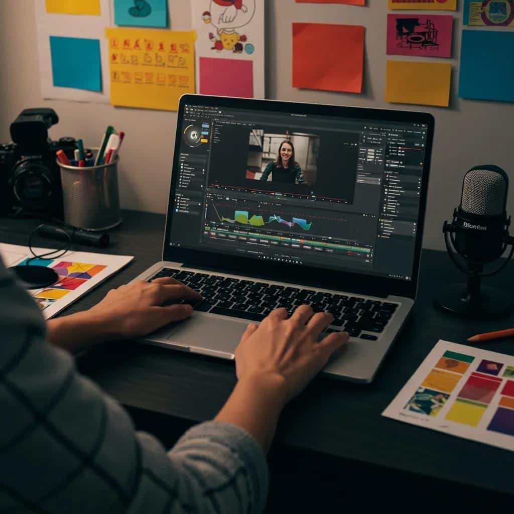 Creative workspace with video editing software and tools for AI-driven content creation