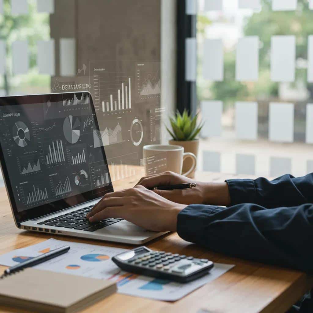 Digital marketer analyzing AI competitor research tools in a modern office