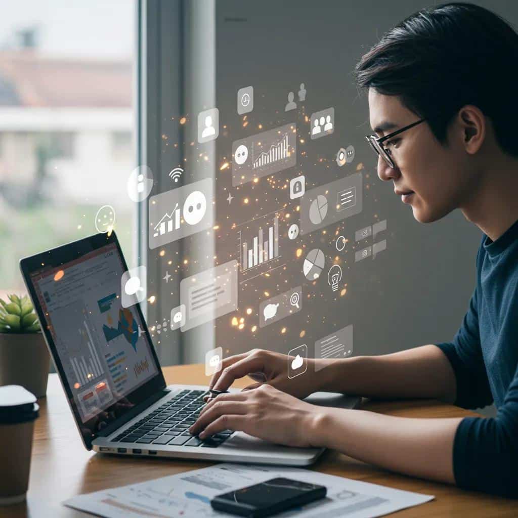 Digital marketing professional analyzing audience data with social media icons and analytics