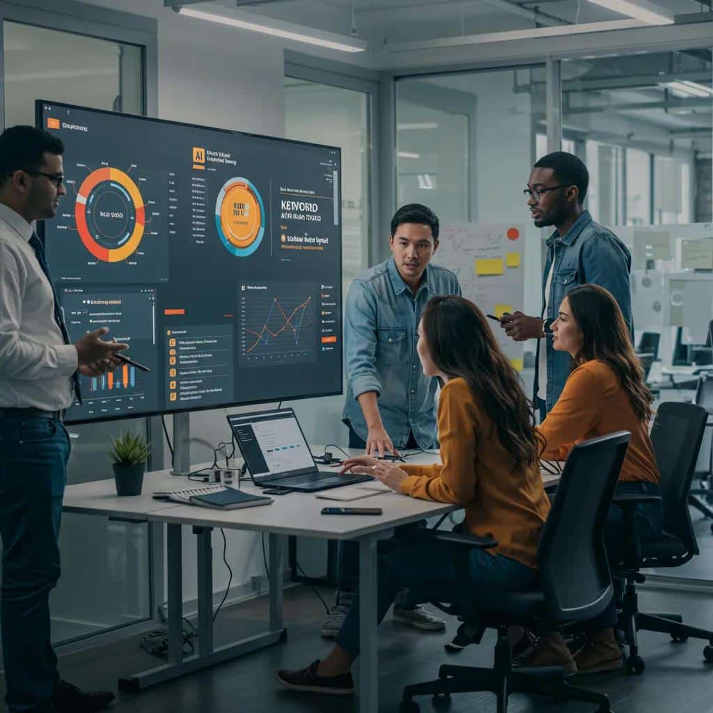 Digital marketing team analyzing data from a paid AI keyword research tool in a modern office