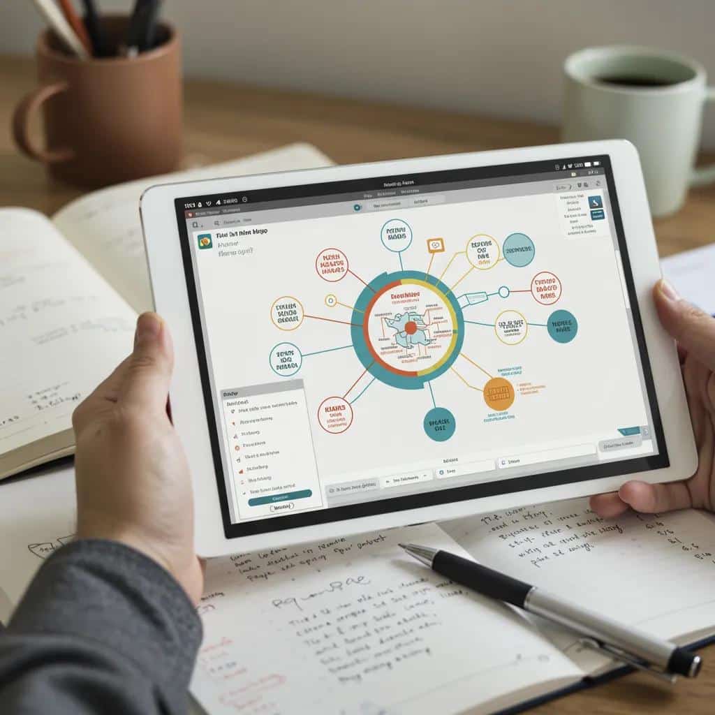 A detailed digital mind map displayed on a tablet, symbolizing effective post-watch summarization and content analysis in an academic or study setting