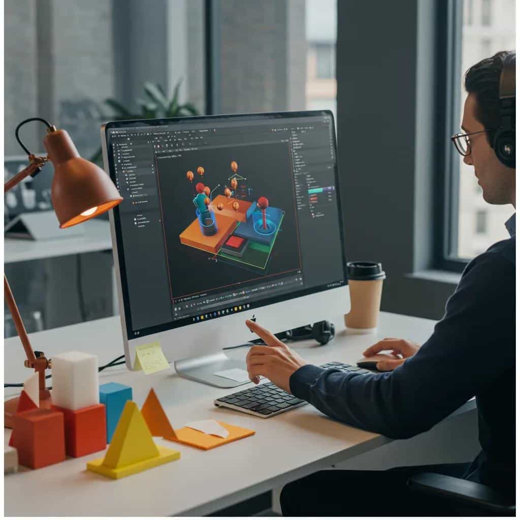 Digital workspace featuring 3D graphics software with colorful models and a creative professional