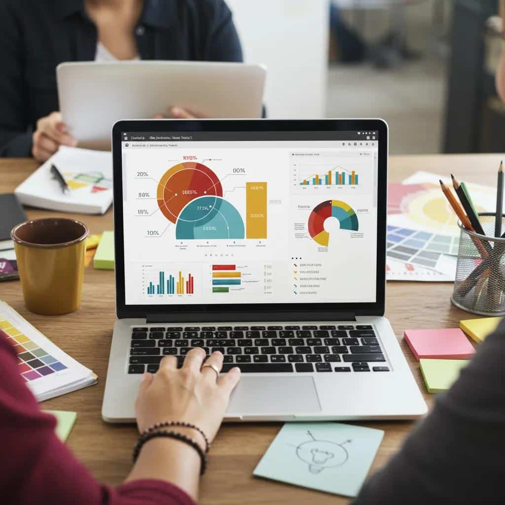 Digital workspace with a laptop showing infographics, representing AI infographic generation