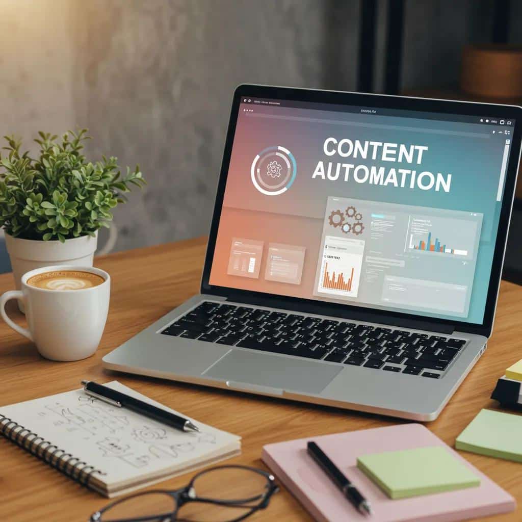 Digital workspace with content automation tools, laptop, coffee cup, and notepad