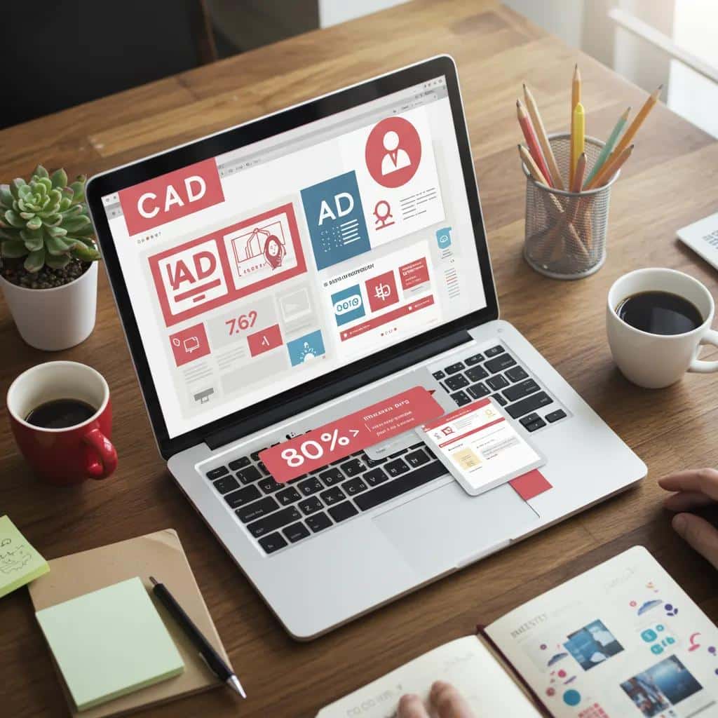 Digital workspace with creative ad designs and social media content