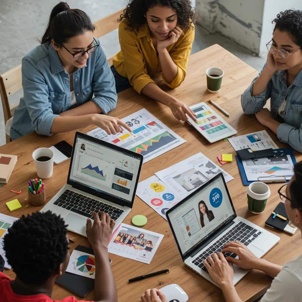 Diverse digital marketers collaborating on AI influencer marketing tools in a modern workspace