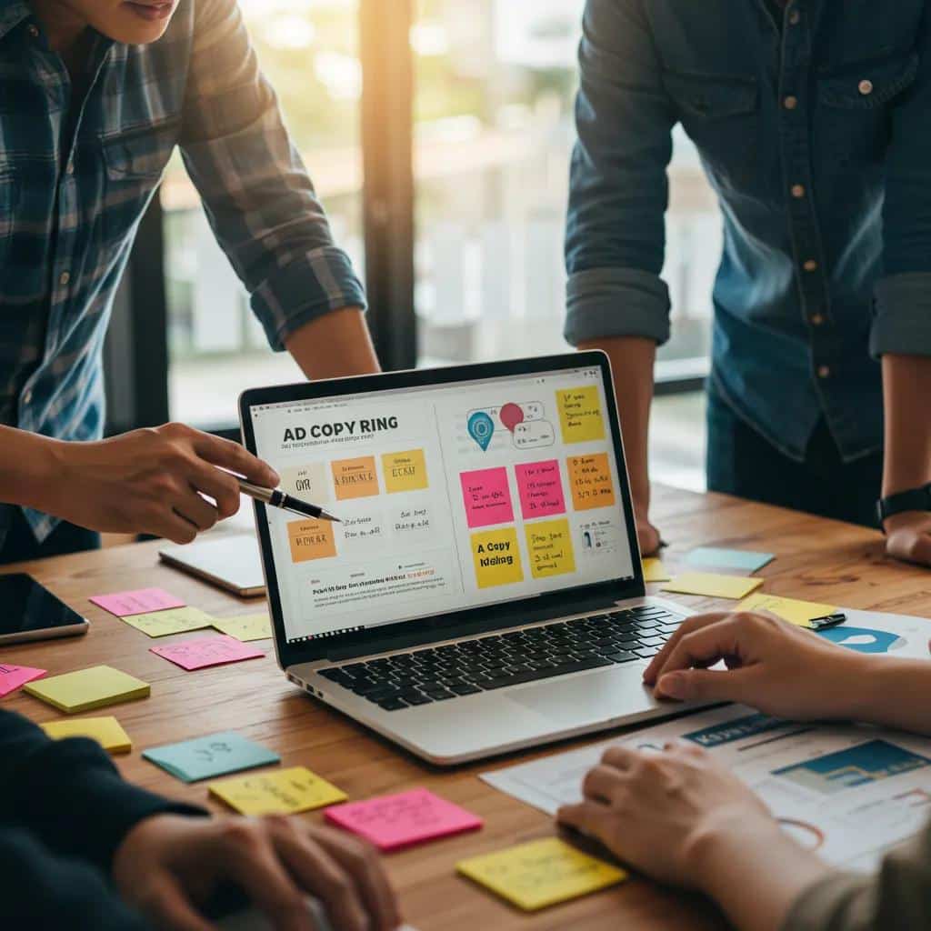 Diverse marketers collaborating on ad copy ideas with AI tools