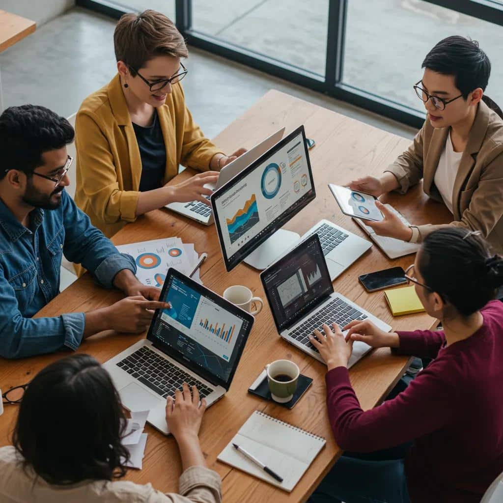 Diverse marketers collaborating on free AI reporting tools, emphasizing teamwork and data analysis