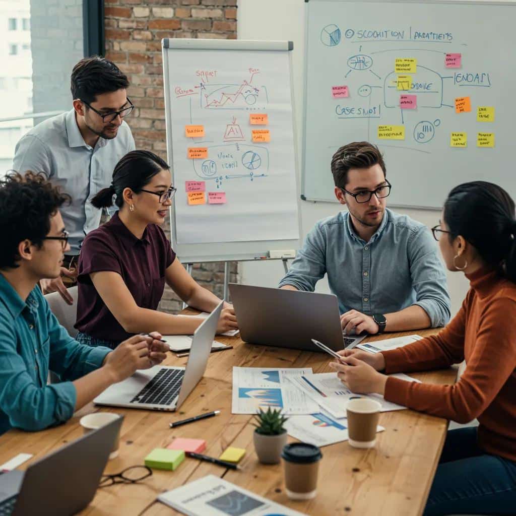 A diverse marketing team collaborating on a case study project, utilizing AI tools effectively