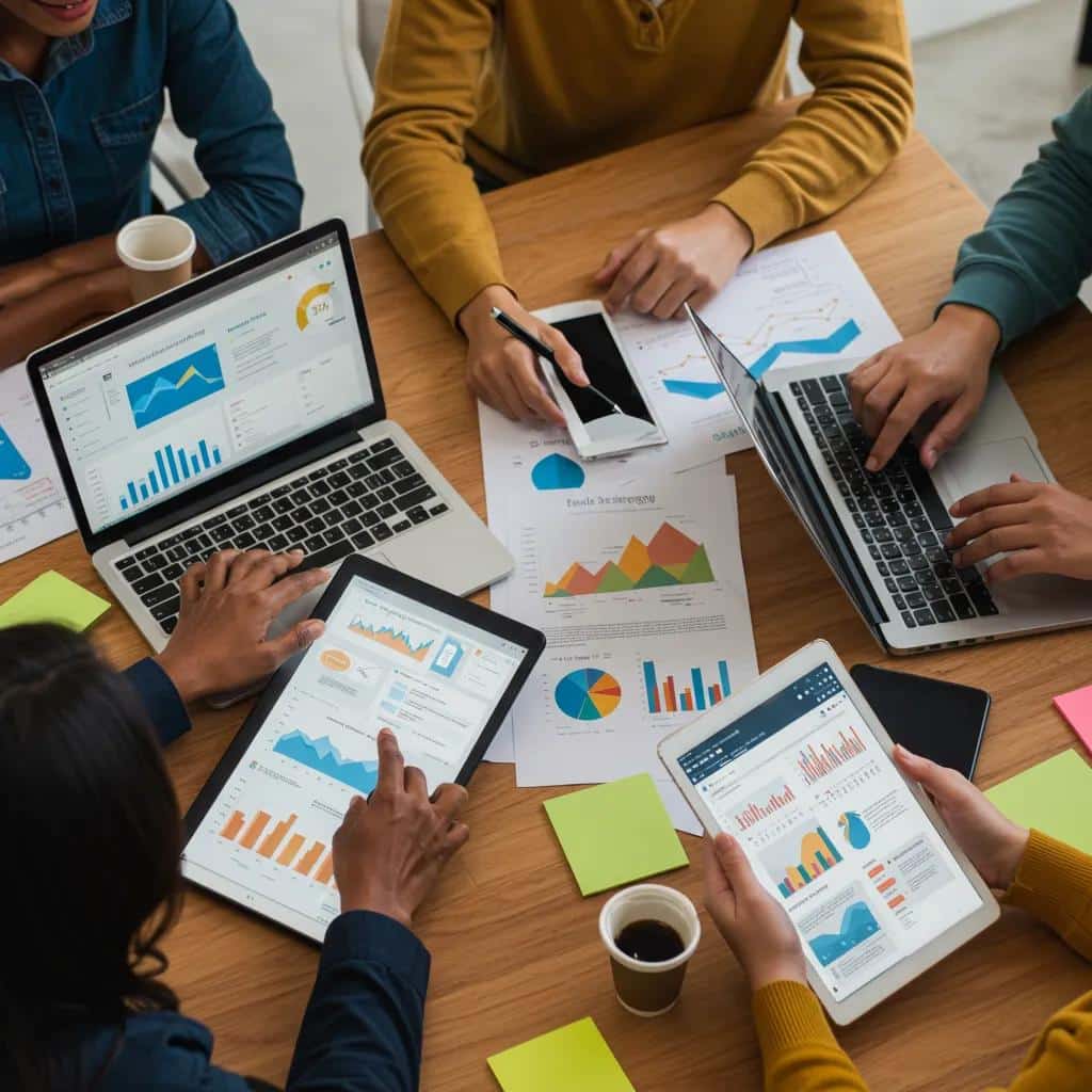 Diverse professionals collaborating on AI email marketing strategies in a modern office