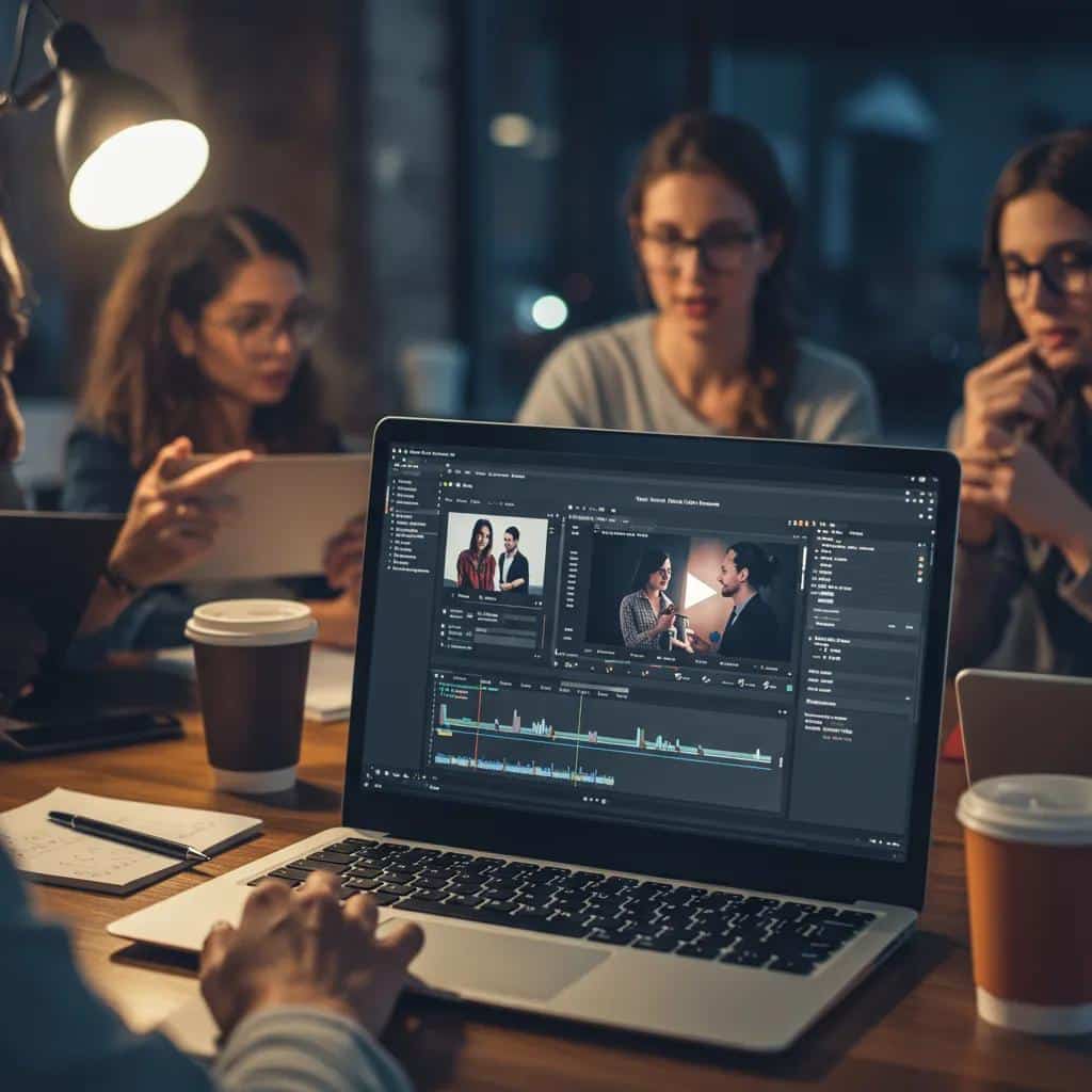 Diverse team collaborating on AI video generation in a modern workspace