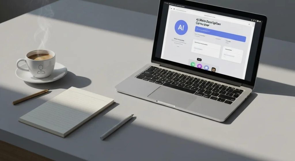 Sleek modern workspace featuring a laptop displaying an AI meta description generator, a notepad, and a steaming coffee cup
