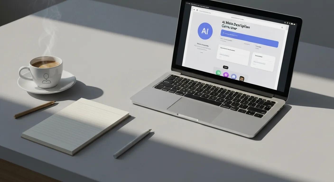 Sleek modern workspace featuring a laptop displaying an AI meta description generator, a notepad, and a steaming coffee cup