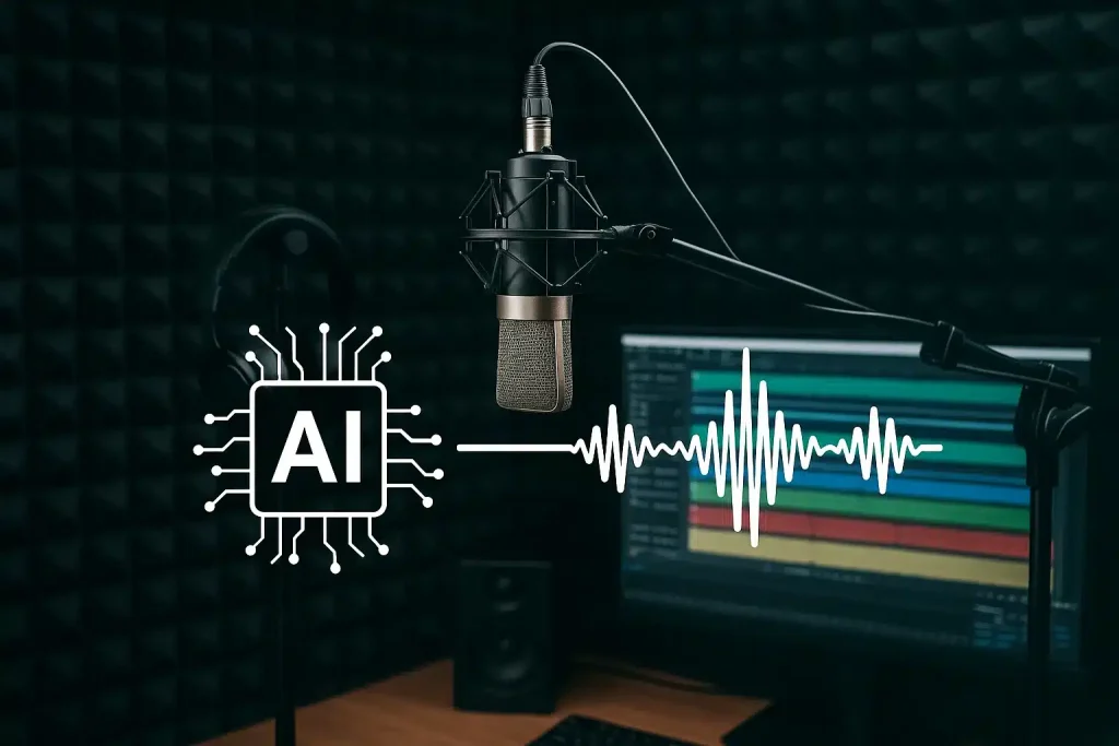 image of a recording studio setup with AI icons or a digital voice waveform overlay to visually represent the concept of AI voiceover tools