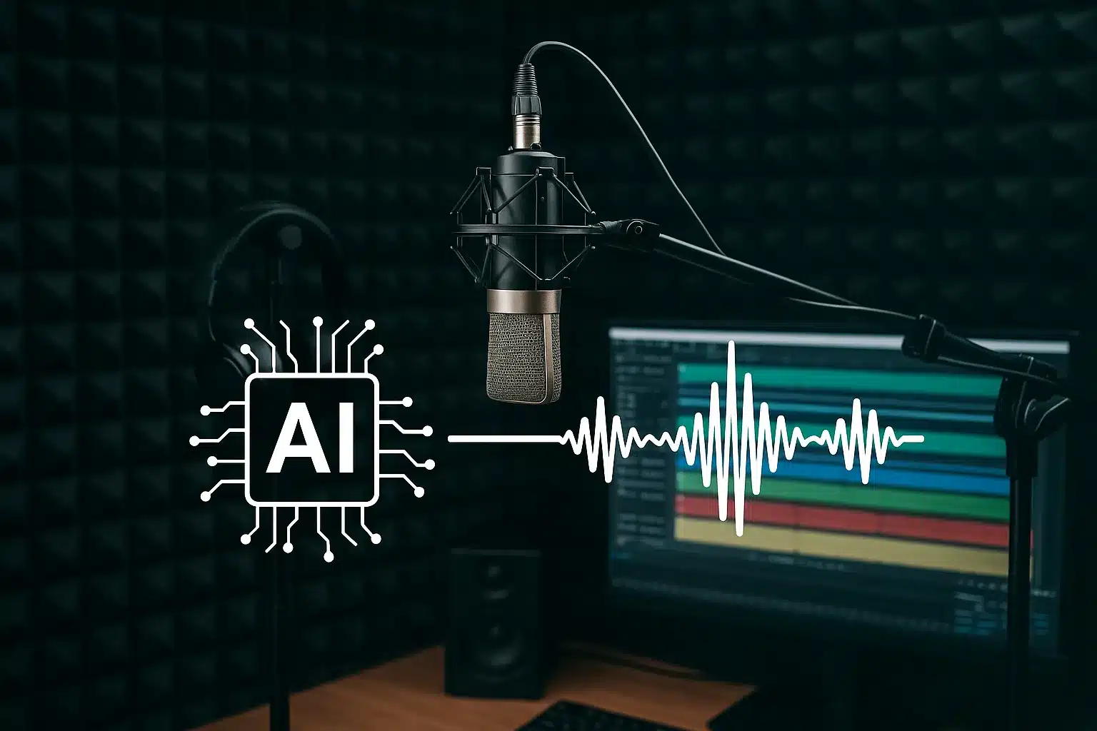 image of a recording studio setup with AI icons or a digital voice waveform overlay to visually represent the concept of AI voiceover tools
