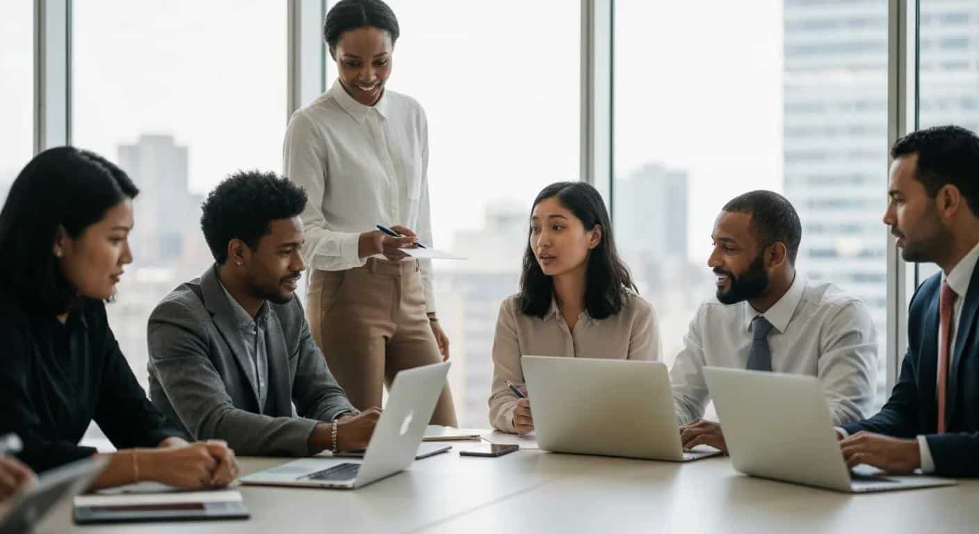 A diverse group of professionals collaborating on LinkedIn lead generation strategies in a modern, bright office setting