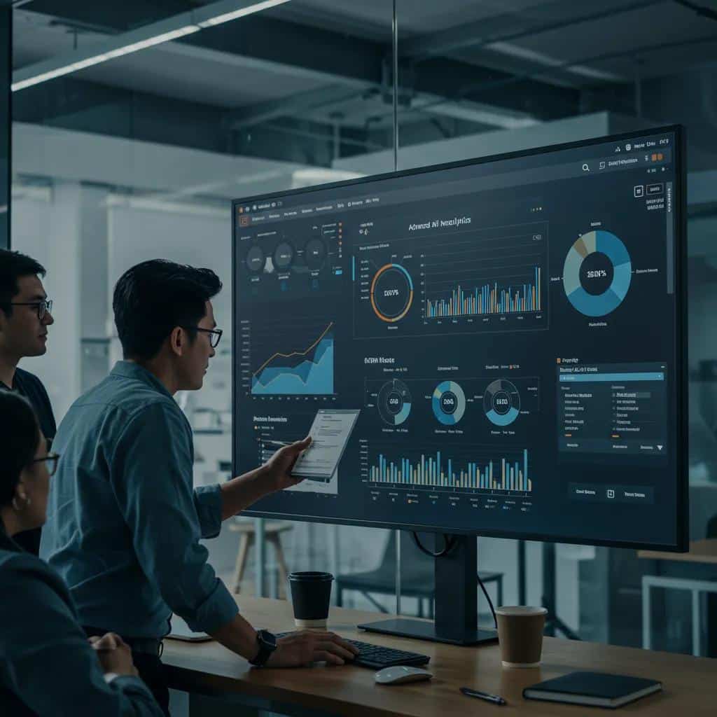 Marketer analyzing advanced analytics from a paid AI presentation tool in a sleek office