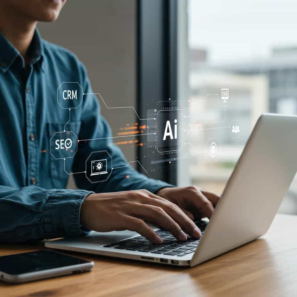 Marketer integrating AI copywriting tools with CRM and SEO software in a modern office