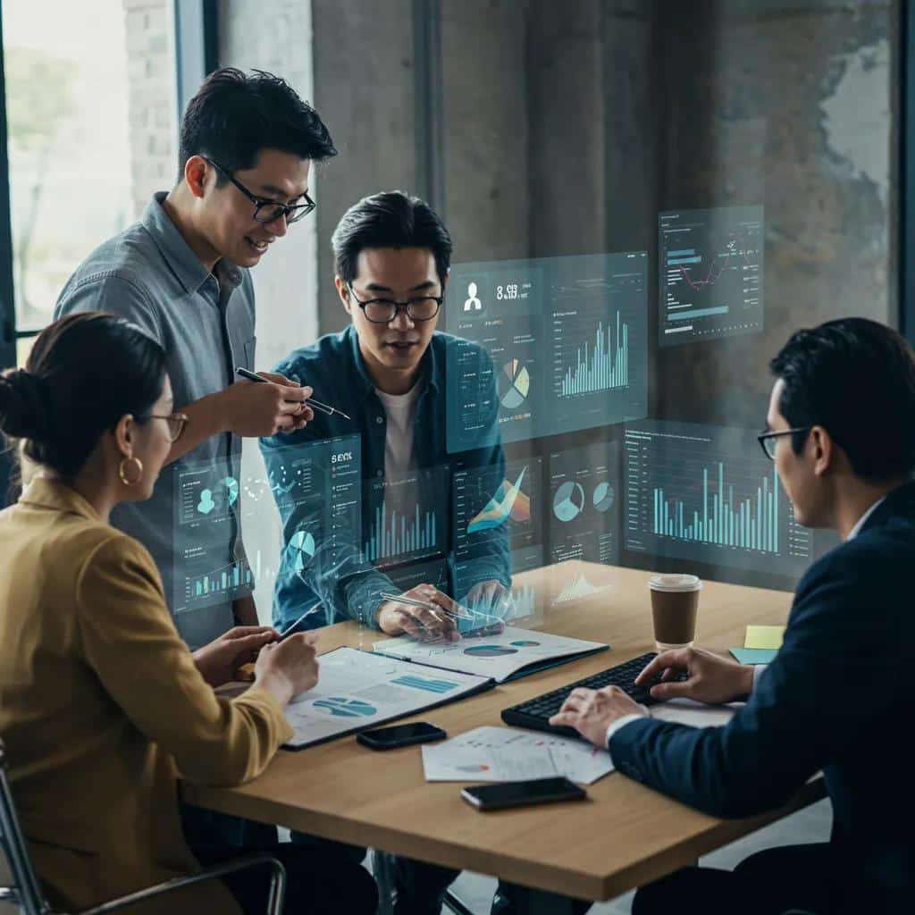 Marketers collaborating over a digital dashboard showing social media trends and sentiment analysis