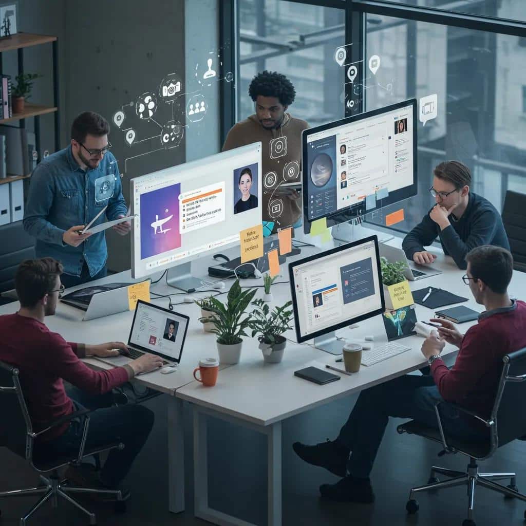 Marketer using a laptop for cross-platform publishing with AI, emphasizing efficiency and automation