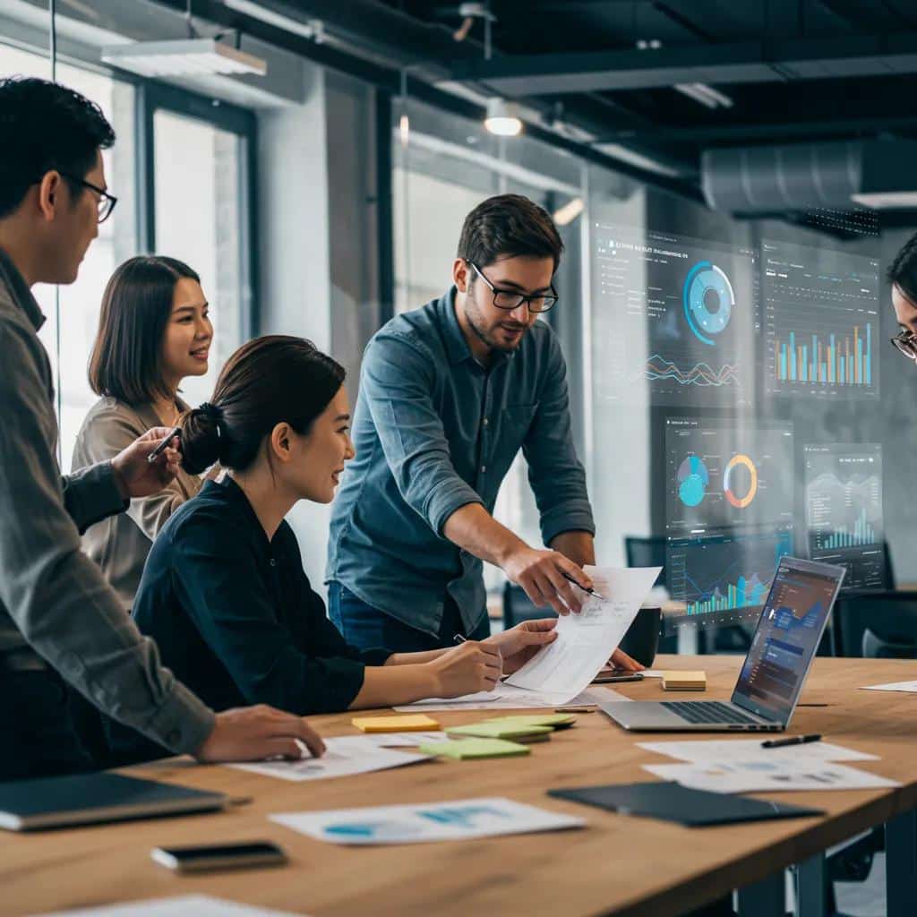 Marketing team analyzing advanced insights from paid AI social media monitoring tools