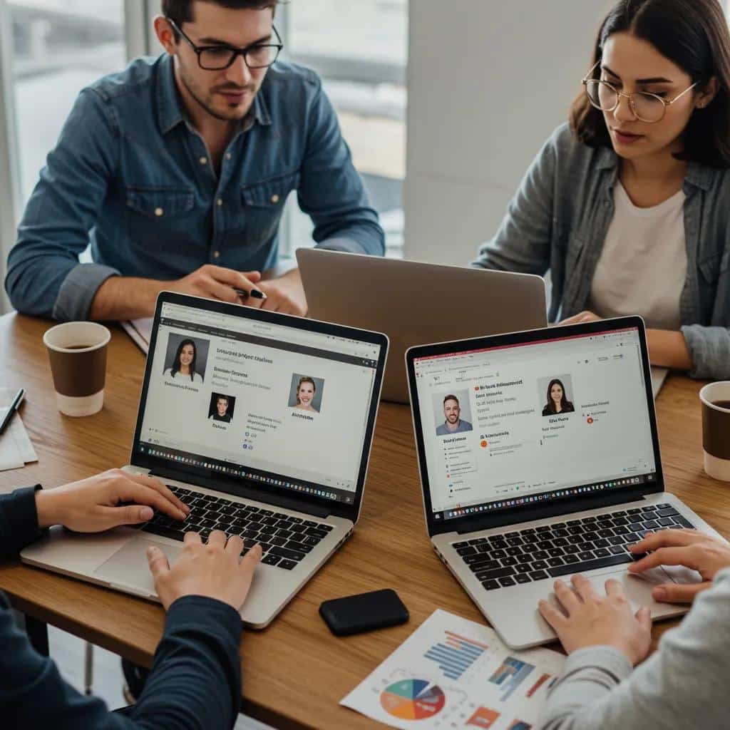 Marketing team brainstorming with laptops showing Instagram profiles and job titles