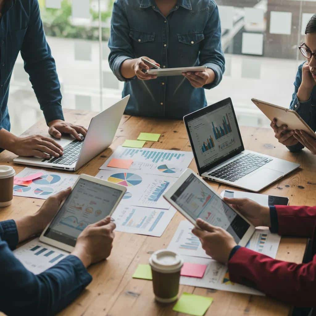 A marketing team engaged in collaborative discussions about content management strategies within a professional office environment.