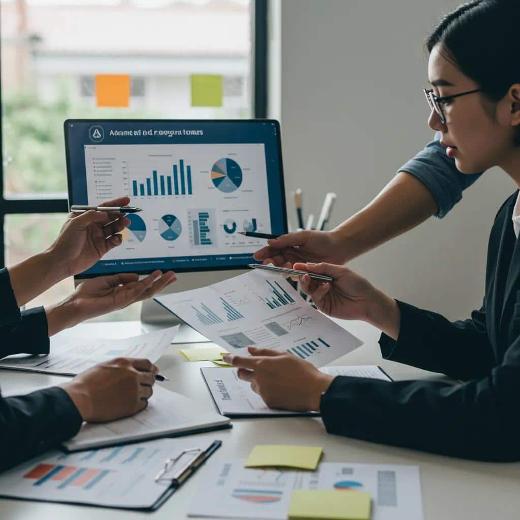 Marketing team discussing advanced features of paid AI ad copywriting tools in a modern office