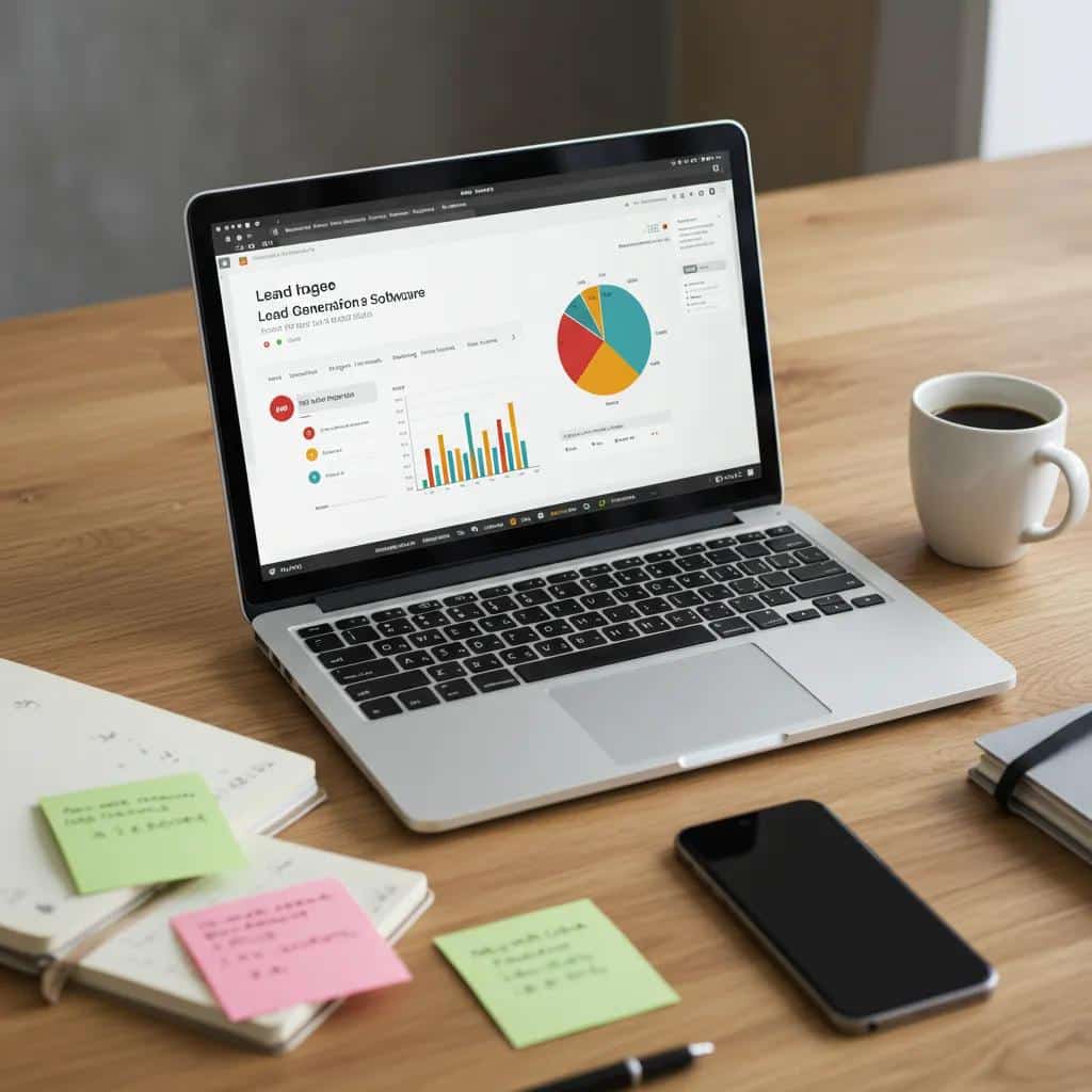 Modern workspace with laptop and lead generation tools, emphasizing productivity and innovation