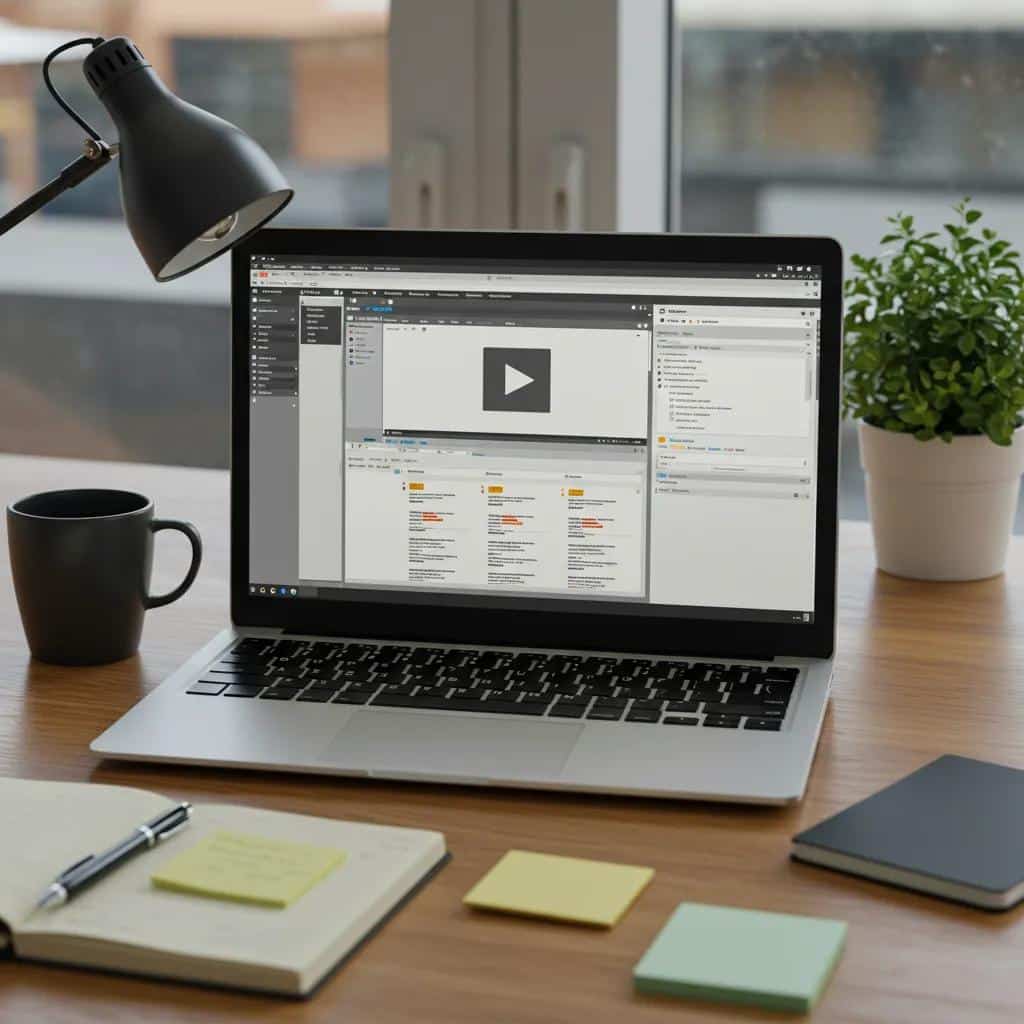 Modern workspace with laptop and video script writing tools, enhancing content creation efficiency