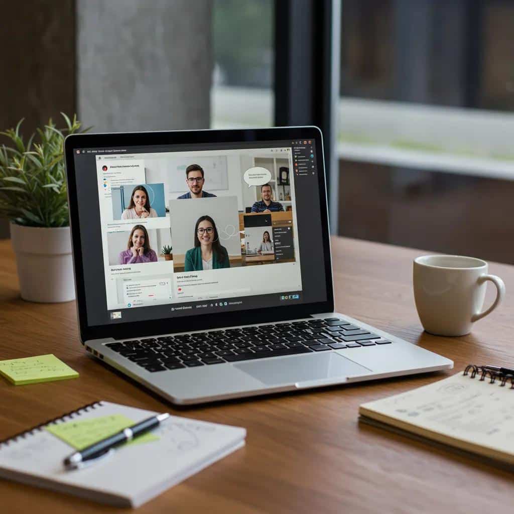 Modern workspace with laptop, notepad, and coffee, symbolizing productivity in digital marketing and content creation