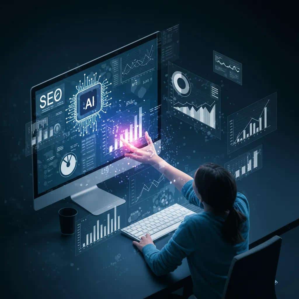 Person analyzing SEO data with AI tools in a high-tech environment